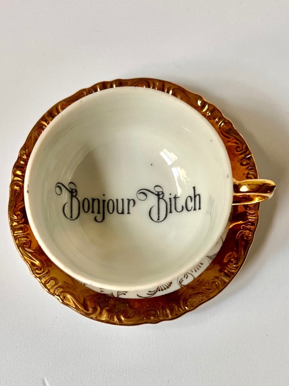 Bonjour B*tch Demitasse Coffee Cup Vintage Upcycled Rococo Style
